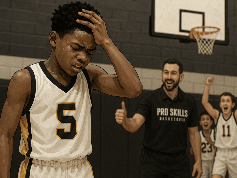 Youth basketball player reacts to a missed shot while teammates and coach encourage him to keep going.